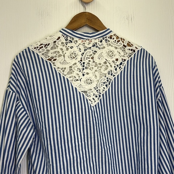 Zara - Lace Design Blue And White Stripe Button Down Long Sleeve Top Size XS - Picture 11 of 11